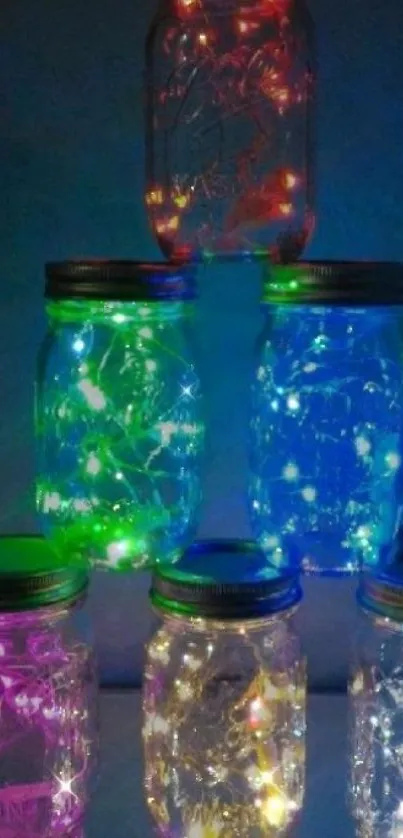 Mason jars with colorful LED lights glowing in dark.