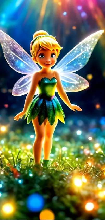 A vibrant fairy with wings in a magical, sparkling forest setting.