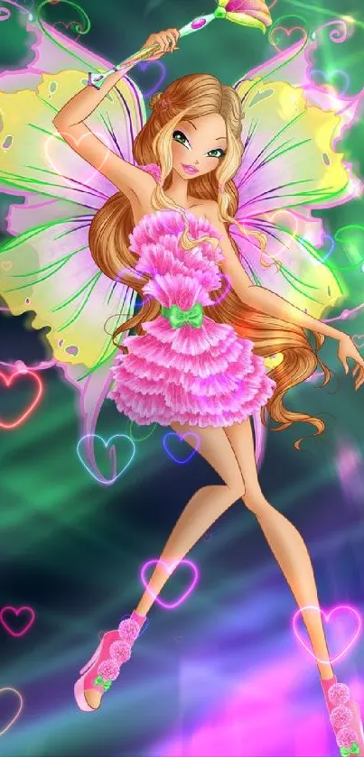 Vibrant fairy in pink and green with wings, set in a fantasy background.