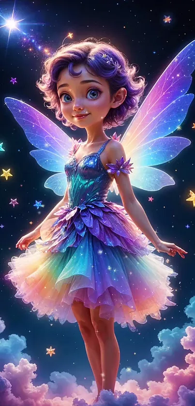 Colorful fairy with wings in a starry night sky.