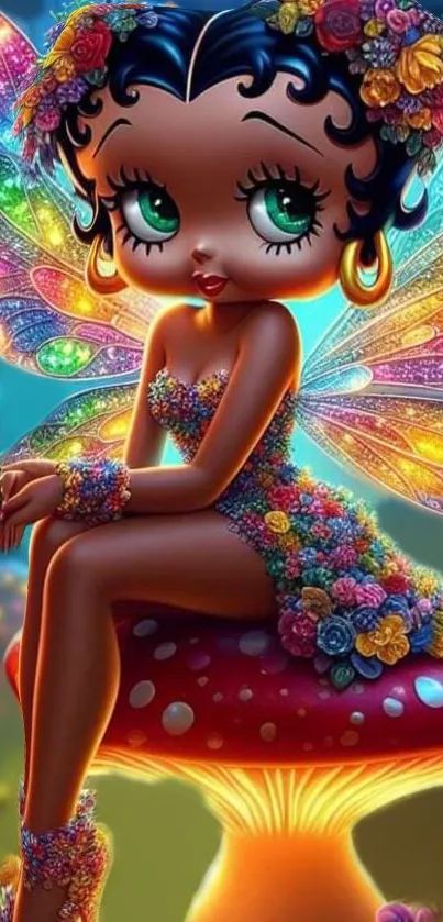 Colorful fairy sitting on a mushroom with rainbow wings and floral dress.