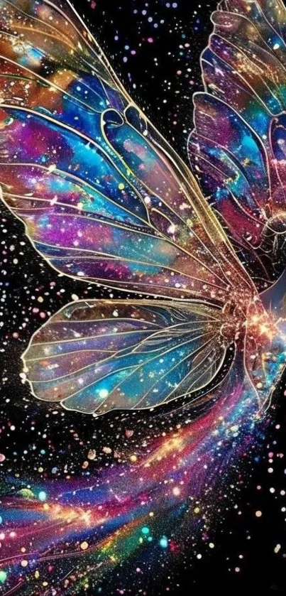 Fairy with rainbow wings on a starry night background.
