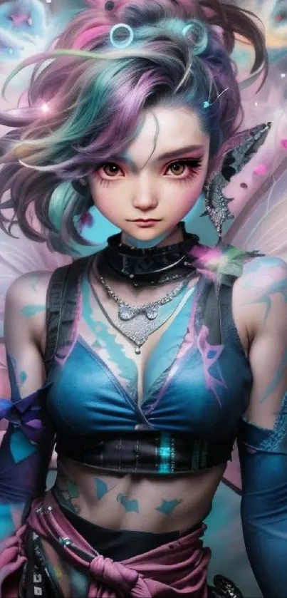 Anime character with vibrant hair and fairy wings in pastel colors.