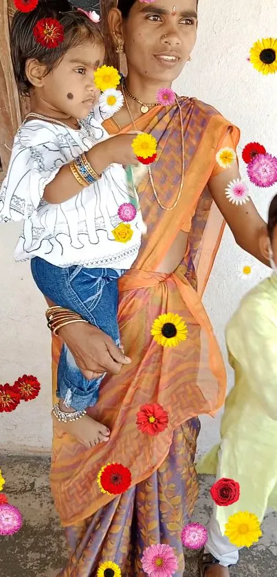 Family in traditional attire with colorful floral overlay.