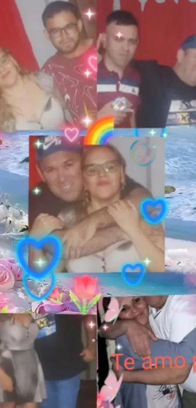 Colorful family collage wallpaper with hearts and beach scene.