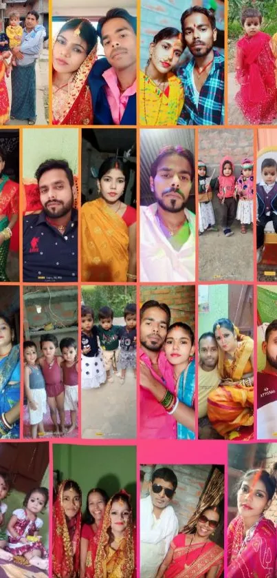 Colorful family collage depicting joyful moments in traditional clothing.