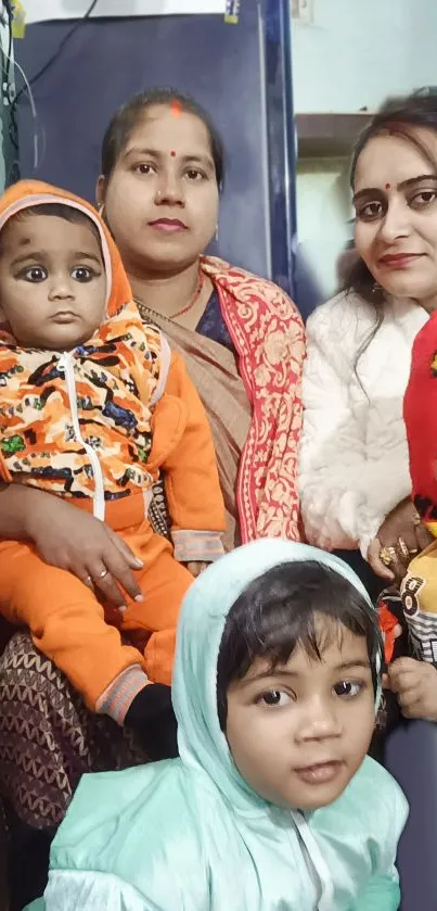 Family portrait with colorful outfits and joyful expressions.