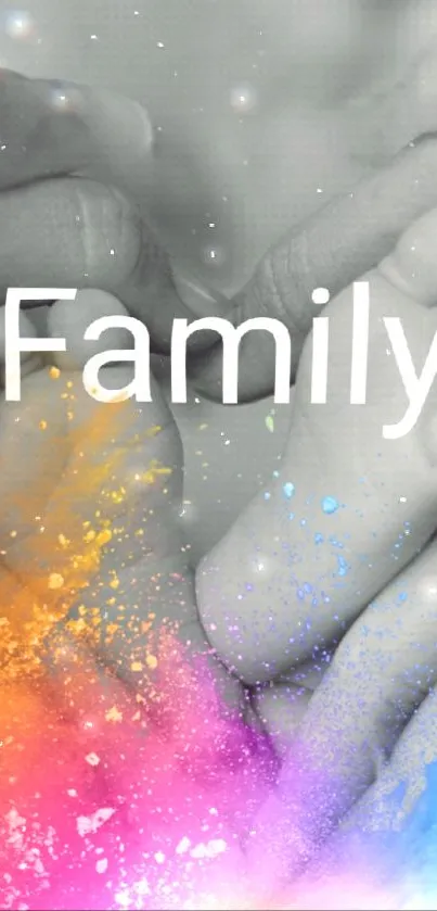 Family-themed wallpaper with colorful splashes and hands holding feet.