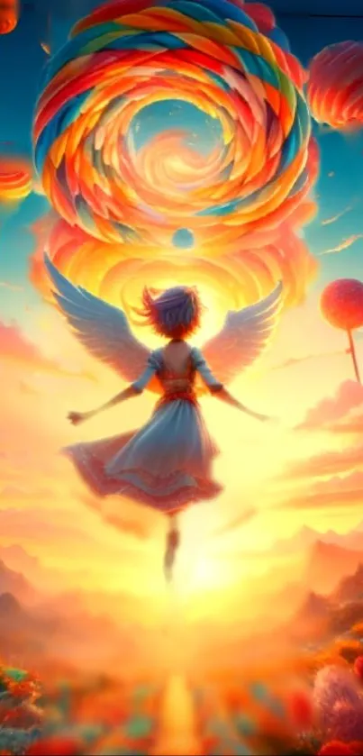 Fantasy angel flying in a colorful candy landscape.