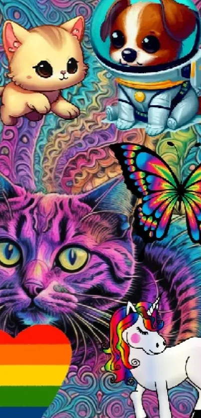 Colorful fantasy wallpaper with animals, rainbow heart, and artistic design.