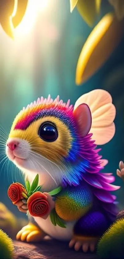 Fantasy creature holding roses with colorful plumage in nature setting.