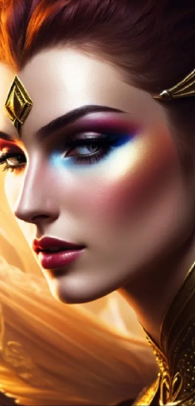 Fantasy portrait with vibrant makeup and golden details.