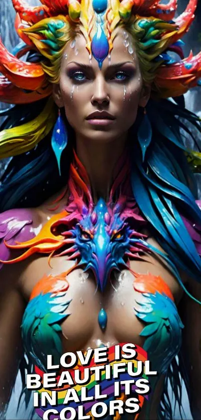 Colorful mythical goddess with waterfall background, vibrant surreal art.
