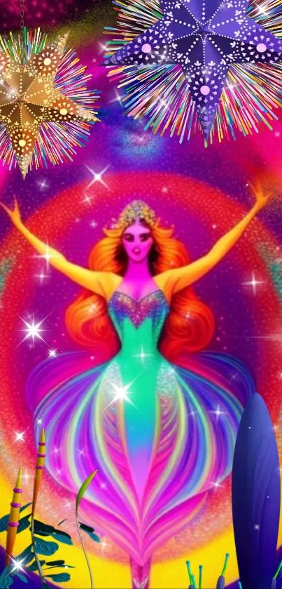 Vibrant and colorful fantasy art wallpaper with a mystical figure and starry effects.
