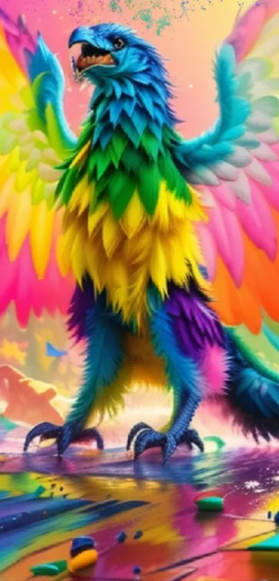 Vibrant fantasy bird with rainbow feathers on a colorful background.