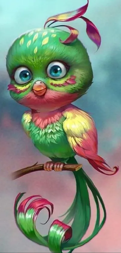 Vibrant fantasy bird on dreamy background.