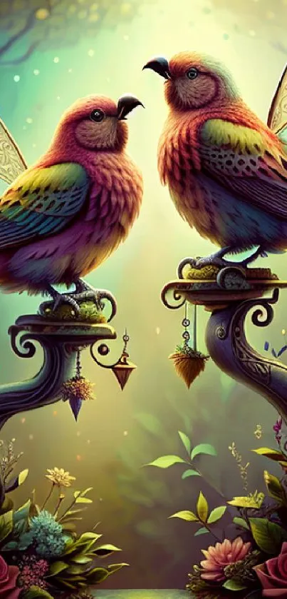 Fantasy birds with colorful wings in a magical forest, perfect for phone wallpaper.