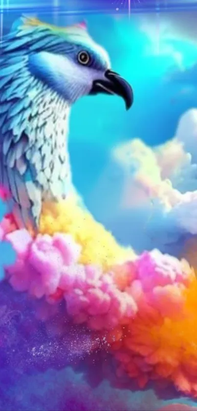 Fantasy bird with colorful clouds in vibrant wallpaper.