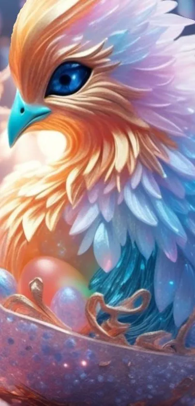 Artistic fantasy bird with colorful feathers in digital art.