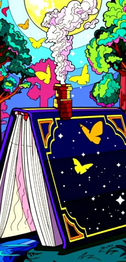 Colorful fantasy book with butterflies in a vibrant forest under a moon.