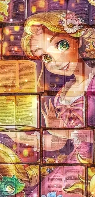 Vibrant fantasy wallpaper with books and a charming character.