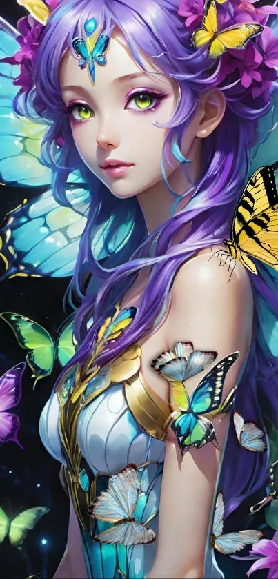 Fantasy character with colorful butterflies on a mobile wallpaper.