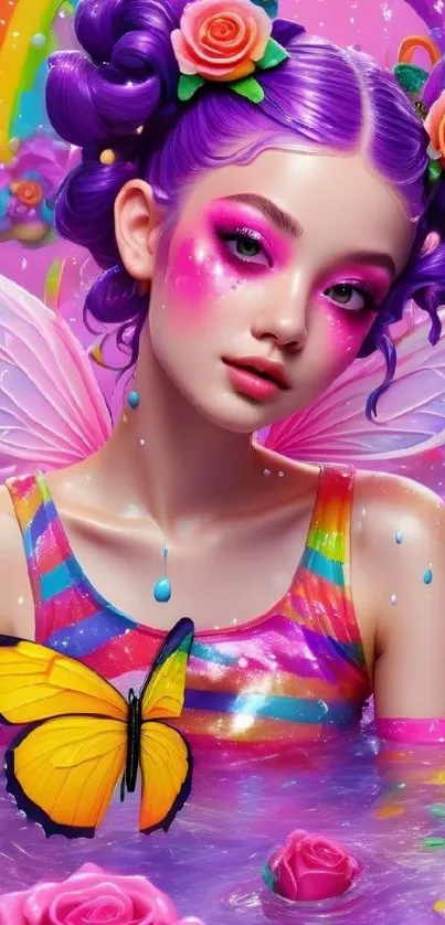 Fantasy fairy with purple hair in a rainbow scene.