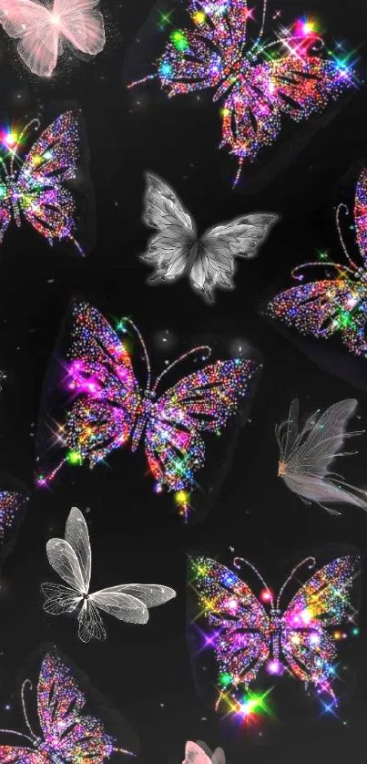 Vibrant neon butterflies on black wallpaper.