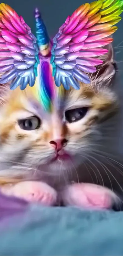 Whimsical cat with rainbow wings and unicorn horn design.