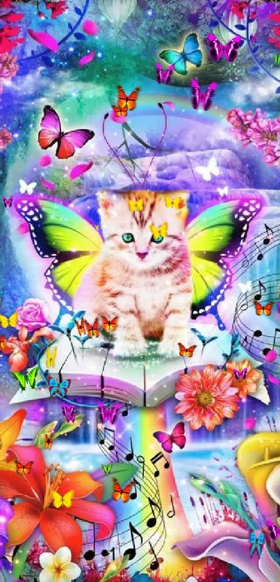 Fantasy cat with butterfly wings and flowers.