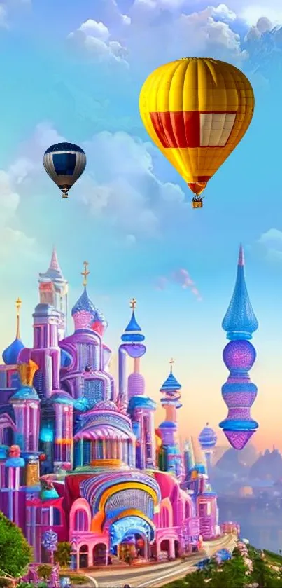 Vibrant fantasy cityscape with hot air balloons.