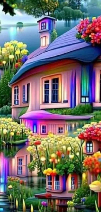 Colorful fantasy cottage with vibrant garden and water reflection.