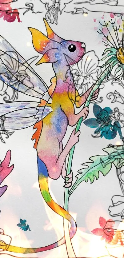 Colorful fantasy creature with wings on floral mobile wallpaper.