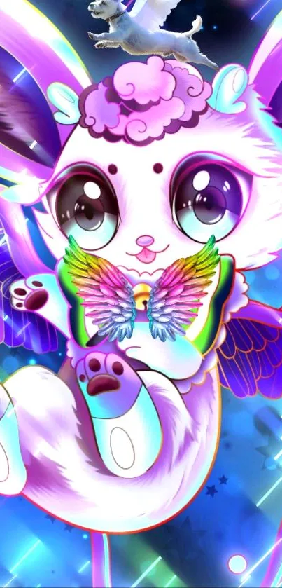 Whimsical creature with rainbow wings in a colorful fantasy wallpaper.