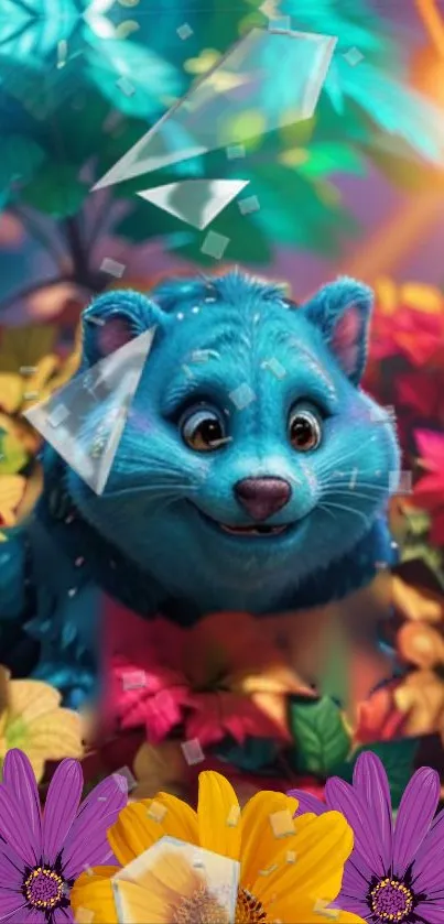 Blue creature in a colorful fantasy garden with vibrant flowers.
