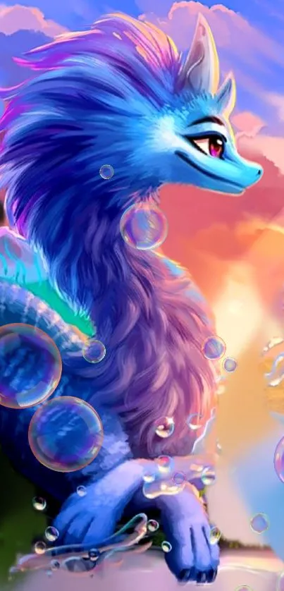 Mystical blue and purple dragon in a vibrant fantasy landscape.