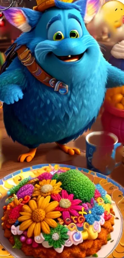 Blue furry creature with colorful pastry.