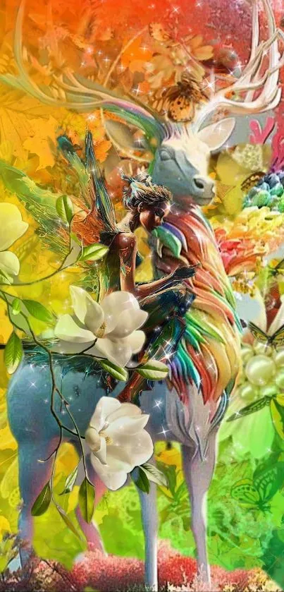 Colorful deer and flowers in fantasy art wallpaper.