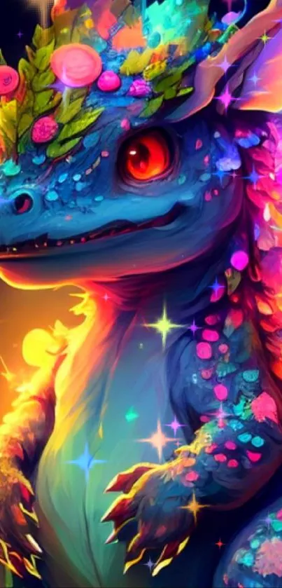 A colorful fantasy dragon with vibrant, glowing scales and playful features.