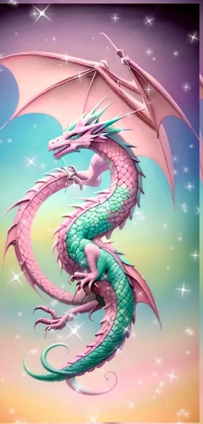 Colorful dragon with sparkling stars on a vibrant background.