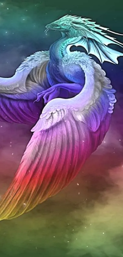 Vibrant fantasy dragon with colorful wings hovering in a mystical setting.