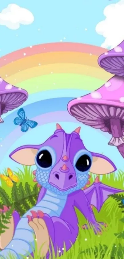 Vibrant wallpaper of a cute purple dragon with mushrooms and a rainbow.