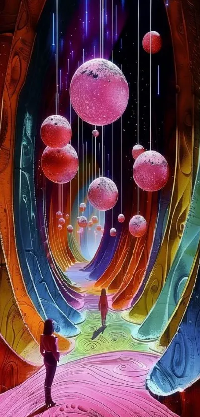 Vibrant cosmic pathway with colorful planets and dreamlike scenery.
