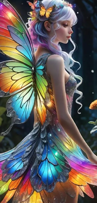 Colorful fairy with rainbow wings in forest
