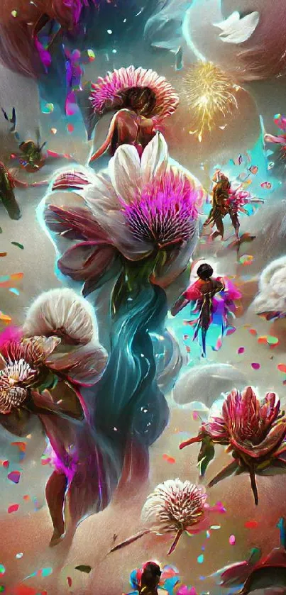 Fantasy wallpaper with colorful flowers and mystical figures.