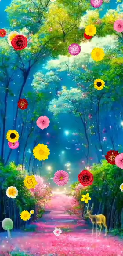 A colorful fantasy forest with a deer, vibrant flowers, and a pink path.