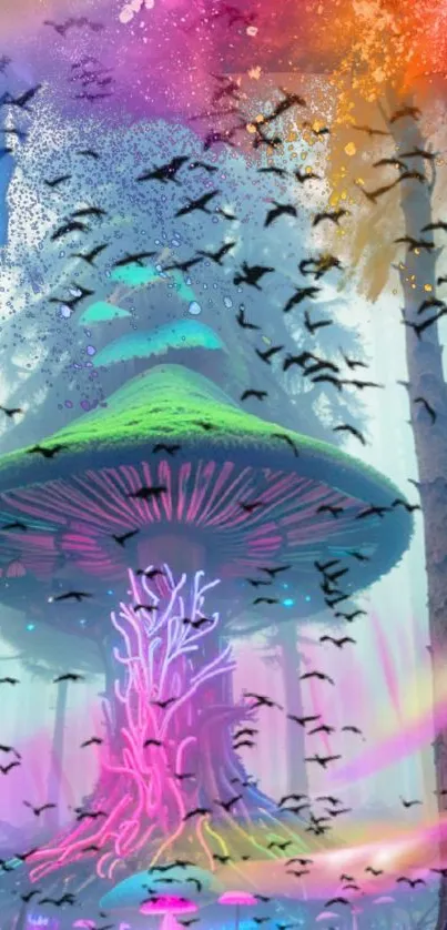 Vibrant fantasy forest featuring a glowing mushroom and colorful birds.