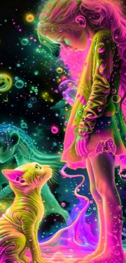 Neon art of a girl and a cat in a surreal scene.