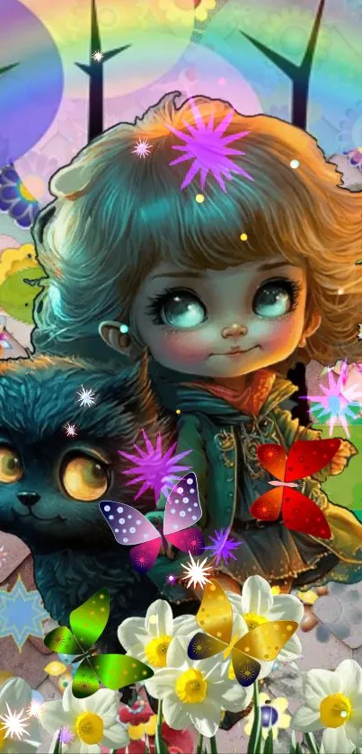 Whimsical girl with black cat in colorful fantasy scene.