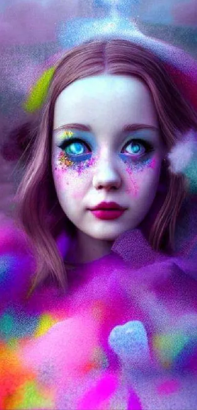 A vibrant, colorful girl in a mystical fantasy setting with purple hues.